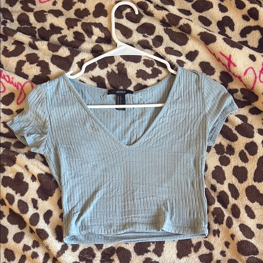 Ribbed V-Neck Crop Top - Blue